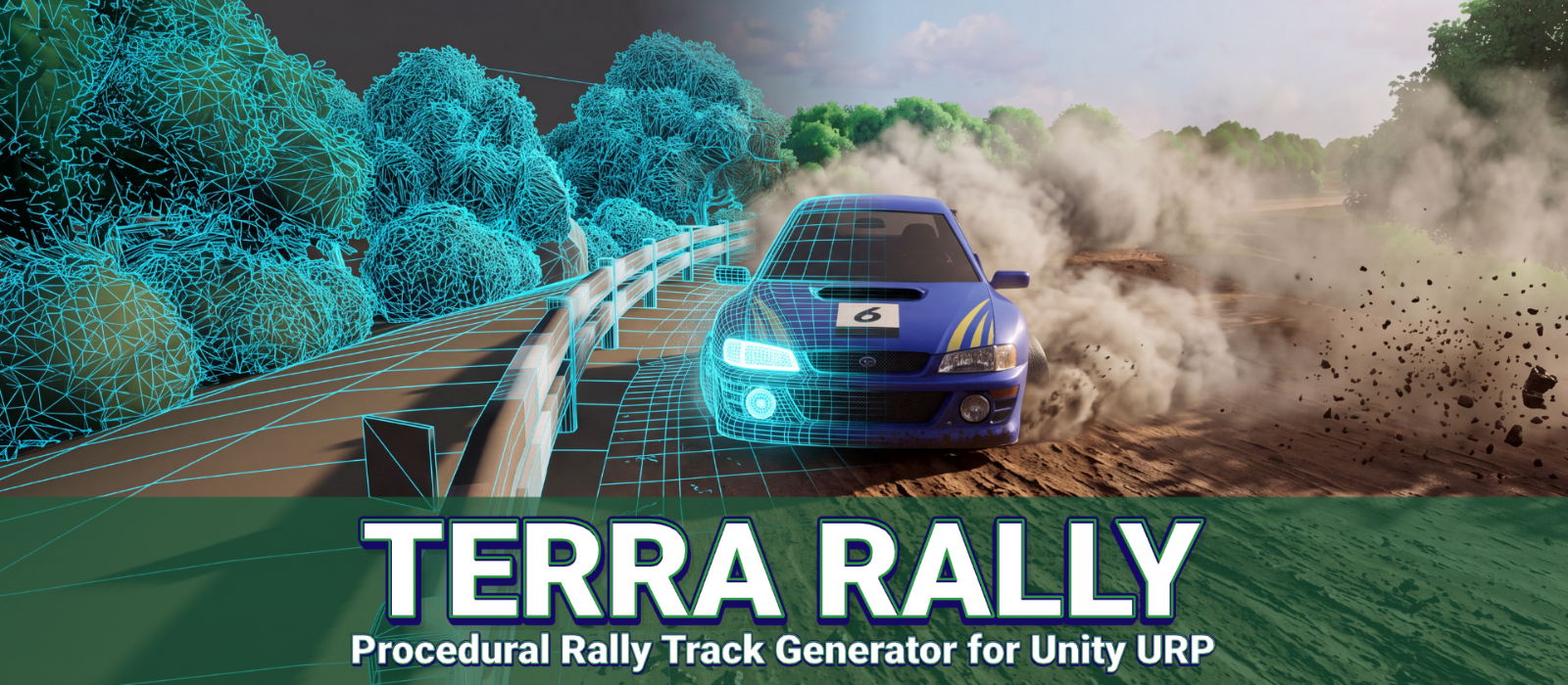 Terra Rally promotional art showing a rally car and a wireframe environment